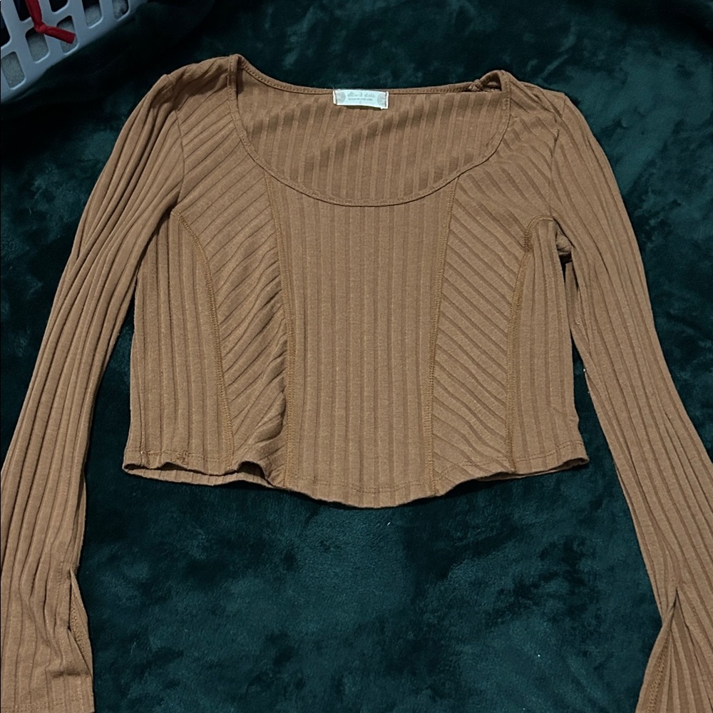 Altar'd State Brown Ribbed Long Sleeve Blouse